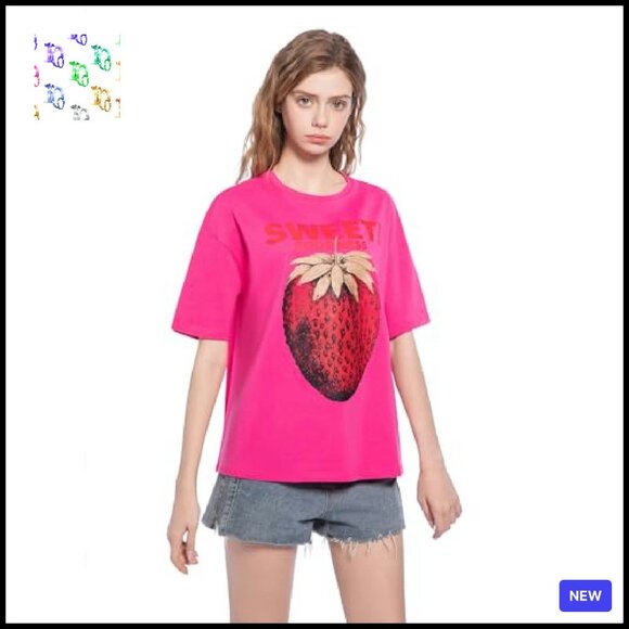 Oversized Strawberry Print Tee Y2K Chic Plus Size Cotton Casual Top - Picture 4 of 8